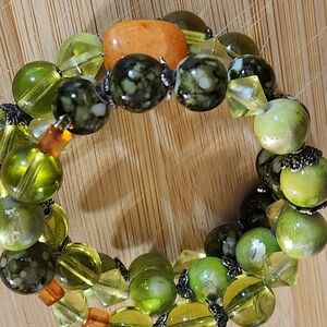 Hand Crafted Green and Orange Beaded Memory Wire Bracelet